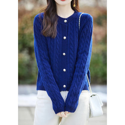 WW | Wollstrickjacke Damen Mit Zopfmuster Und Rundhalsausschnitt, Knopfleiste