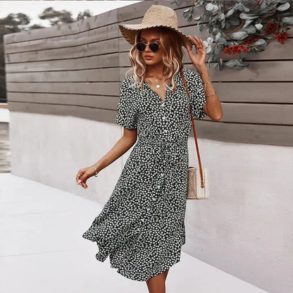 stylish frauen sommer neue blumen kleid lace up printed kleid