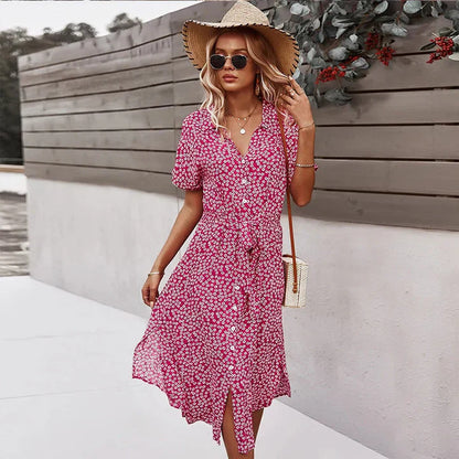 stylish frauen sommer neue blumen kleid lace up printed kleid
