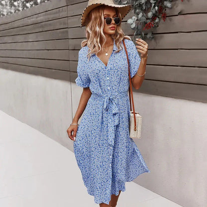 stylish frauen sommer neue blumen kleid lace up printed kleid