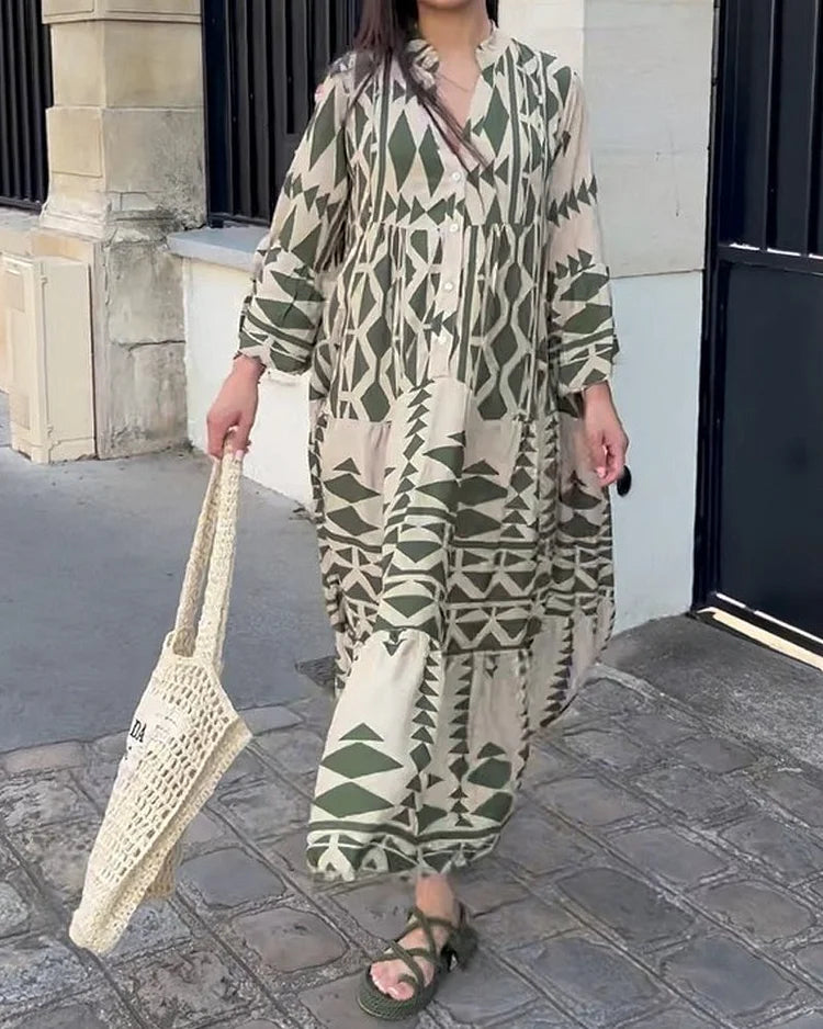Modisches Freizeitkleid mit V-Ausschnitt und bedruckten langen Ärmeln