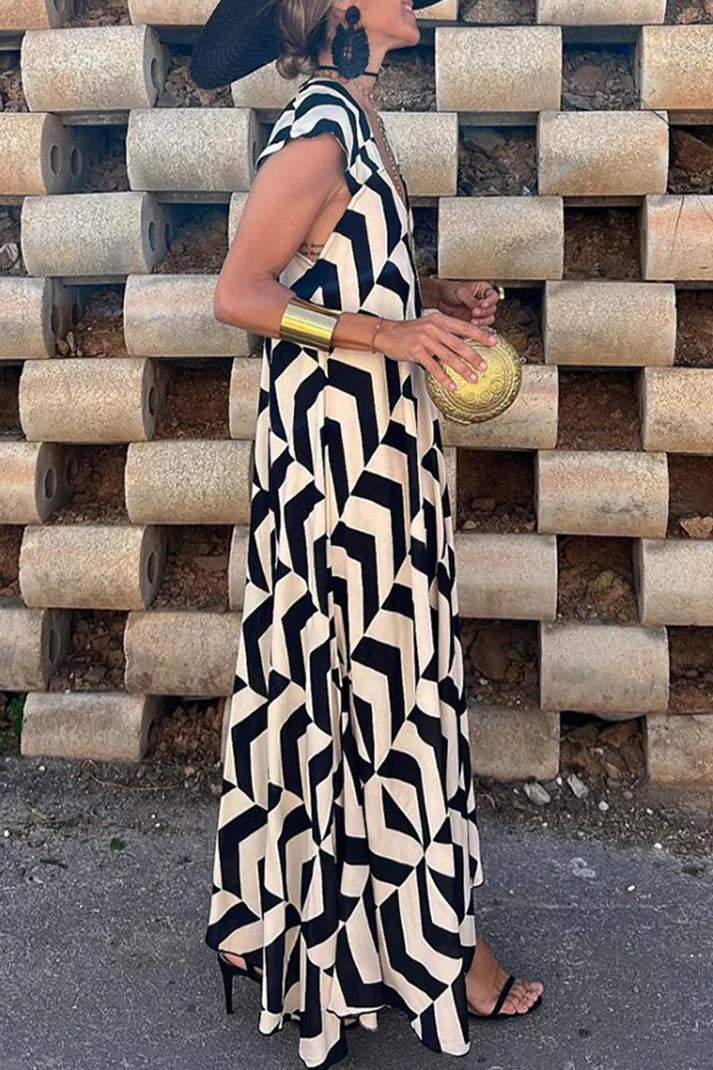 Geometrisches Patchwork Quadratischer Kragen Bedrucktes Kleid Kleider für den Urlaub