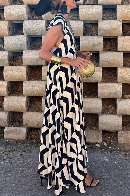 Geometrisches Patchwork Quadratischer Kragen Bedrucktes Kleid Kleider für den Urlaub