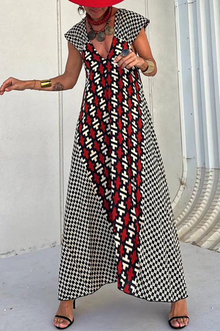 Geometrisches Patchwork Quadratischer Kragen Bedrucktes Kleid Kleider für den Urlaub