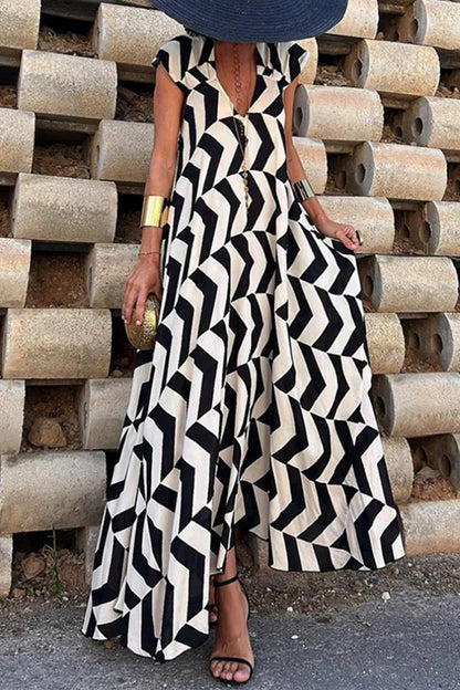 Geometrisches Patchwork Quadratischer Kragen Bedrucktes Kleid Kleider für den Urlaub
