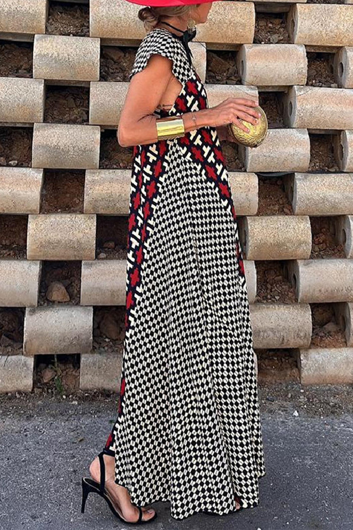 Geometrisches Patchwork Quadratischer Kragen Bedrucktes Kleid Kleider für den Urlaub