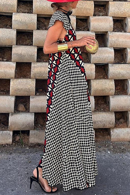Geometrisches Patchwork Quadratischer Kragen Bedrucktes Kleid Kleider für den Urlaub