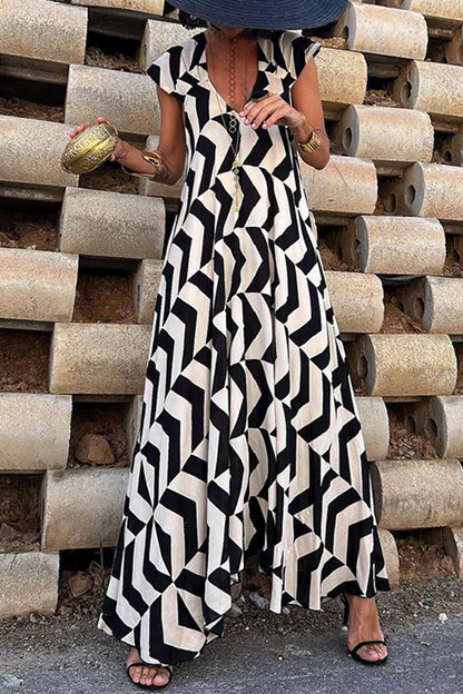 Geometrisches Patchwork Quadratischer Kragen Bedrucktes Kleid Kleider für den Urlaub