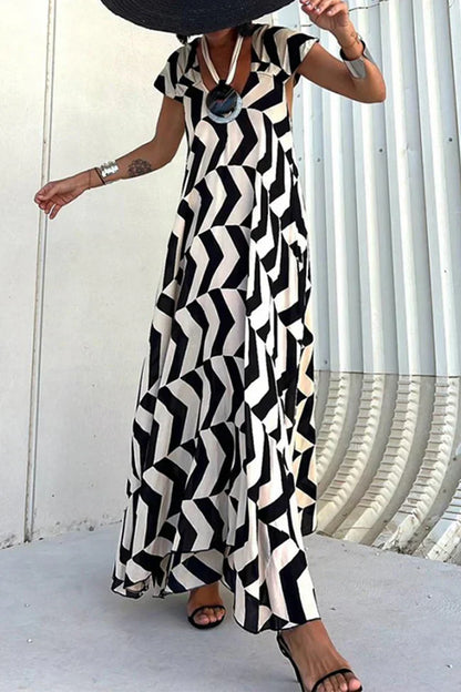 Geometrisches Patchwork Quadratischer Kragen Bedrucktes Kleid Kleider für den Urlaub