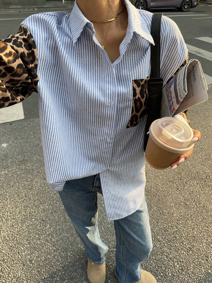 WW | Gaze Frauen Leoparden Patchwork Gestreifte Lange Ärmel Freizeitbluse, Retro Frauen Blusen, Herbst Frauen Kleider, Frauen Hemden, Formelle Frauen Kleider, Street Style Hemden, Leoparden Hemden