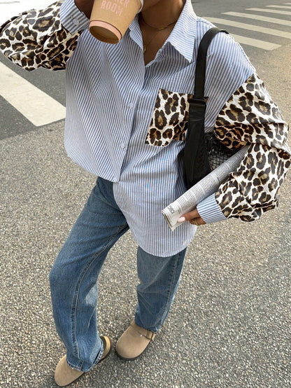 WW | Gaze Frauen Leoparden Patchwork Gestreifte Lange Ärmel Freizeitbluse, Retro Frauen Blusen, Herbst Frauen Kleider, Frauen Hemden, Formelle Frauen Kleider, Street Style Hemden, Leoparden Hemden