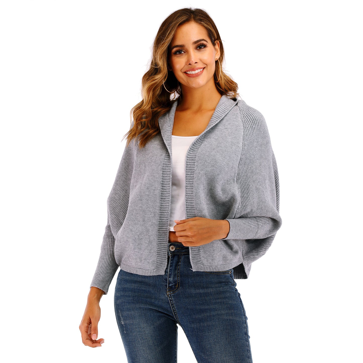 Damen lässige Strickjacke mit Kapuze und seitlichen Taschen Merchesia