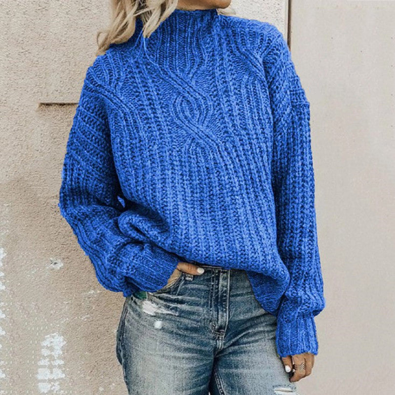 Damen Strickpullover mit hohem Kragen und Zopfmuster Merchesia