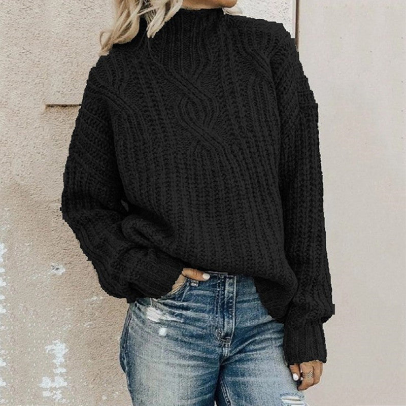 Damen Strickpullover mit hohem Kragen und Zopfmuster Merchesia