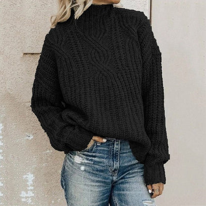 Damen Strickpullover mit hohem Kragen und Zopfmuster Merchesia