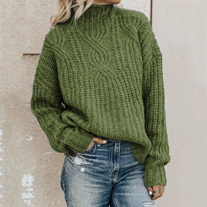 Damen Strickpullover mit hohem Kragen und Zopfmuster Merchesia