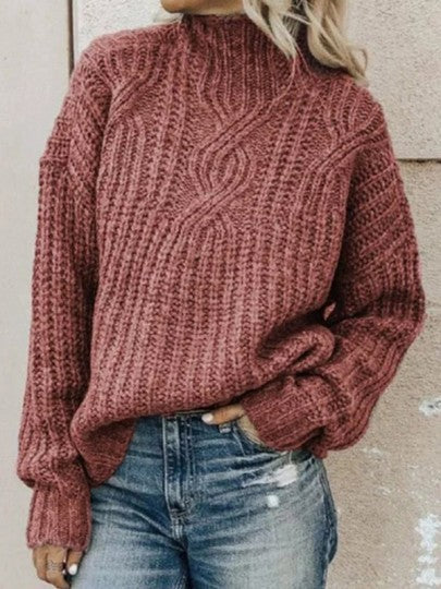 Damen Strickpullover mit hohem Kragen und Zopfmuster Merchesia