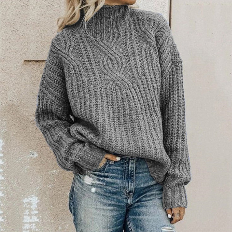 Damen Strickpullover mit hohem Kragen und Zopfmuster Merchesia