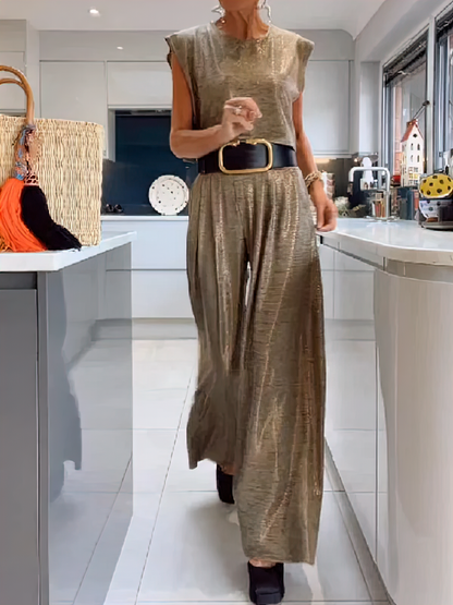 Merche Set für Frauen mit einer lässigen, glänzenden Weste und einer Hose mit weitem Bein für sommerliche Stimmung