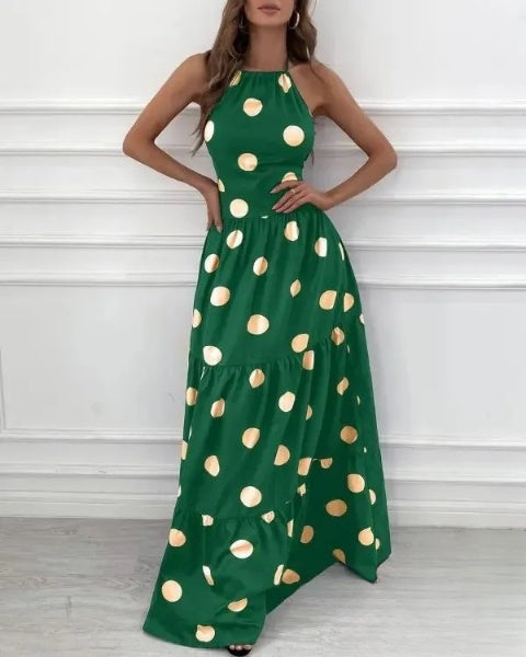 – Gerafftes Neckholder-Maxikleid mit Polka-Dot-Print