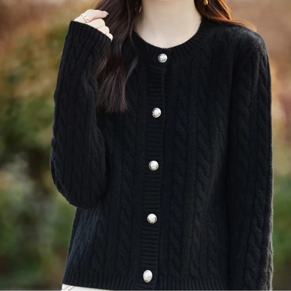 WW | Wollstrickjacke Damen Mit Zopfmuster Und Rundhalsausschnitt, Knopfleiste