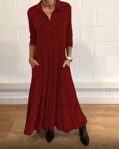 elegantes langes trapezkleid mit taschen und knopfdetails