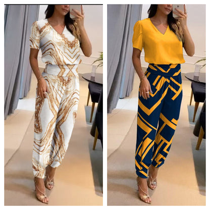 Merche zweiteiliges Set mit einem kurzärmeligen Oberteil mit V-Ausschnitt und einer langen Hose, ideal für Partys
