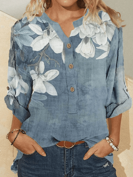 Damen Baumwolle Floral Stickerei Casual Stand Kragen Hemd