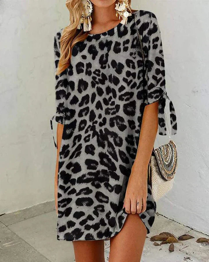 Leopardendruck Rundhalsausschnitt Damen Kleid