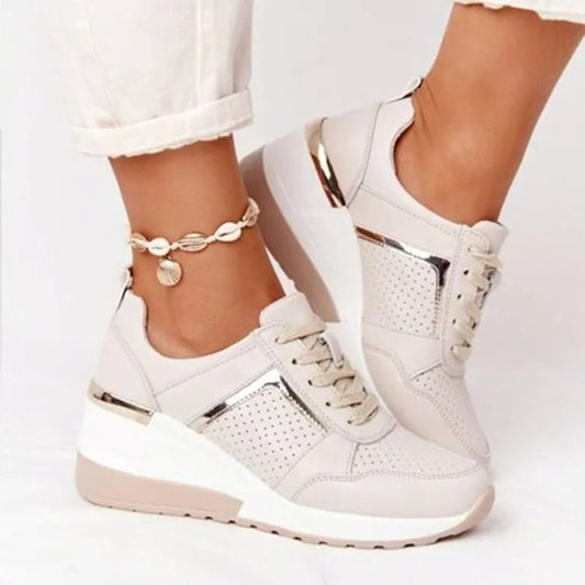 WW | Weiße Leder Atmungsaktive Leichte Schuhe Mit Keilabsatz
