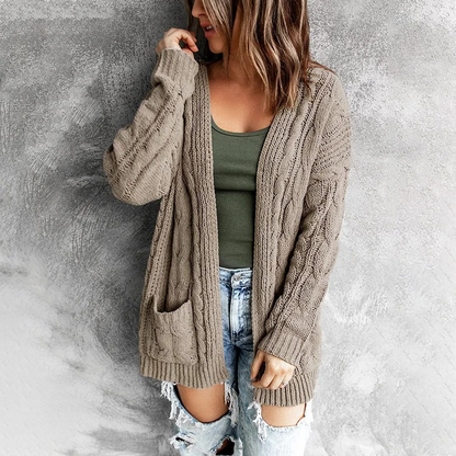 WW | Wollstrickjacke Damen Mit Zopfmuster, Offenes Design Und Taschen