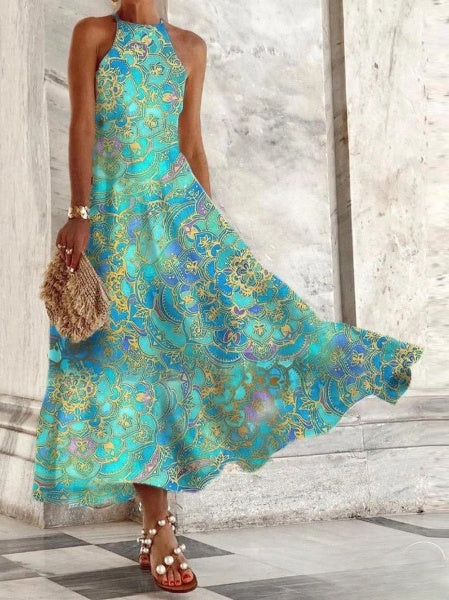 – Damenkleider, ärmelloses Kleid mit Vintage-Print und Neckholder