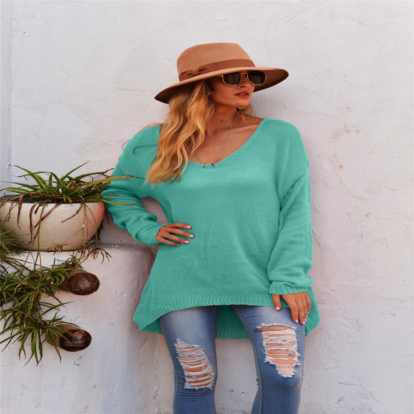 Damen lässiger V-Pullover aus luftiger Strickstruktur Merchesia