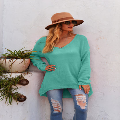 Damen lässiger V-Pullover aus luftiger Strickstruktur Merchesia