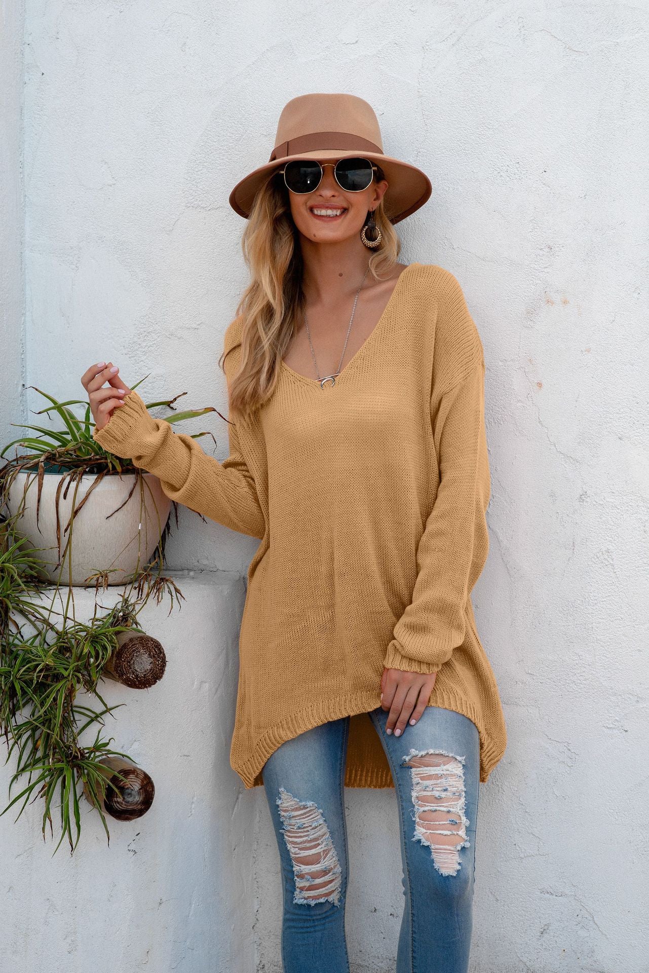 Damen lässiger V-Pullover aus luftiger Strickstruktur Merchesia