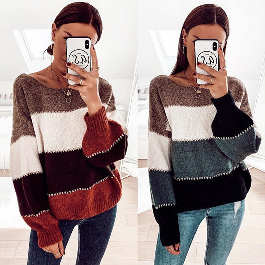 Damen modischer Pullover mit auffälligem Streifenmuster und lässigem Schnitt Merchesia