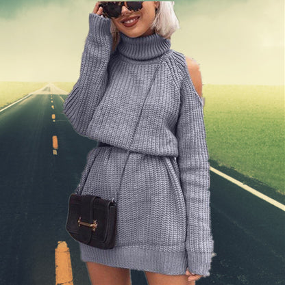 Damen Strickkleid mit offenem Schulterdesign und hohem Kragen Merchesia