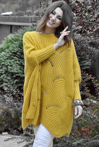 Damen Poncho im luftigen Wellenstrick mit weiten Ärmeln Merchesia