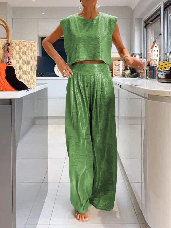 Merche Set für Frauen mit einer lässigen, glänzenden Weste und einer Hose mit weitem Bein für sommerliche Stimmung