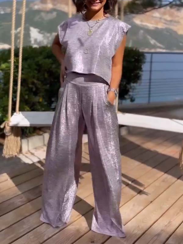 Merche Set für Frauen mit einer lässigen, glänzenden Weste und einer Hose mit weitem Bein für sommerliche Stimmung