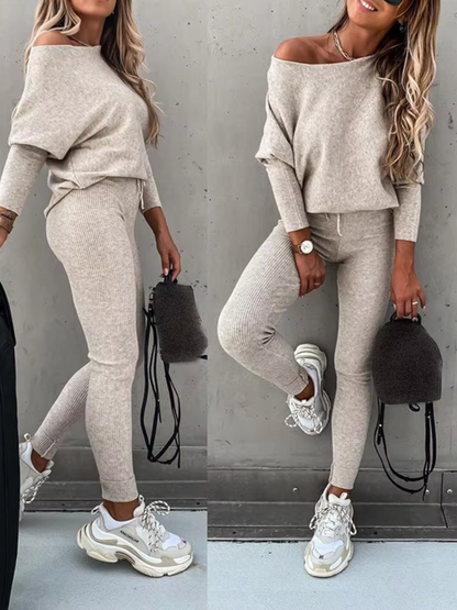 WW | Damen Hausanzug Modisches Off Shoulder Oberteil Und Leggings Satz