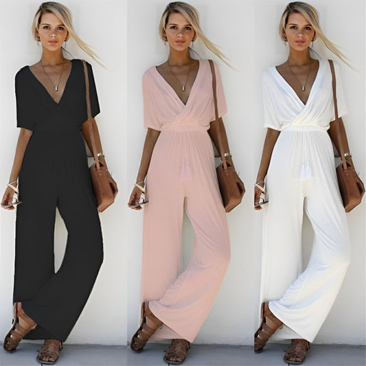 WW | Stylischer Jumpsuit Mit Tiefem V-ausschnitt Und Weiten Hosenbeinen
