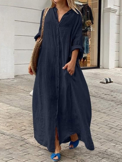 Damen-Maxikleid, lässig, einfarbig, einreihig, mit Tasche, langärmlig, lockeres Maxikleid