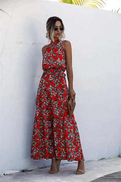 langes Neckholder-Kleid mit Blumendruck