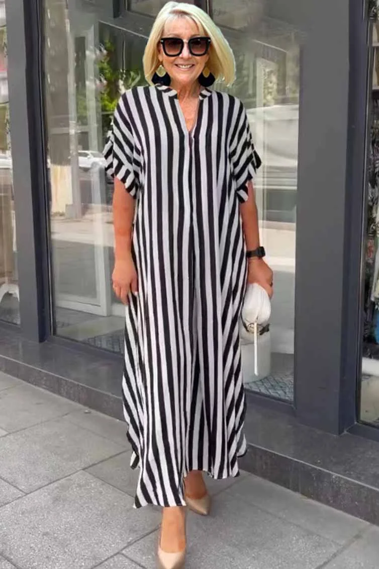 Damen-Boho-Kleid mit kurzen Ärmeln und geteiltem Streifen-Cardigan