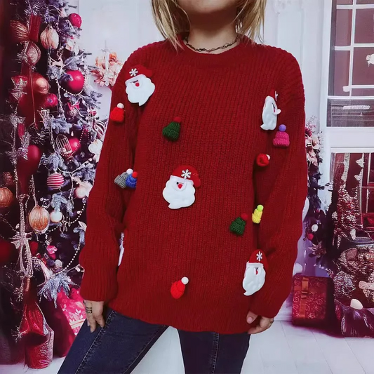 WW | Weihnachtspullover Mit Weihnachtsmann Applikationen Und Strickoptik