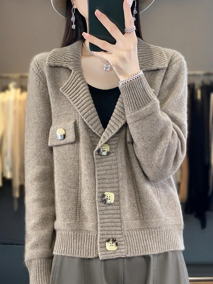 WW | Wollstrickjacke Damen Mit Breitem Kragen Und Großen Knöpfen
