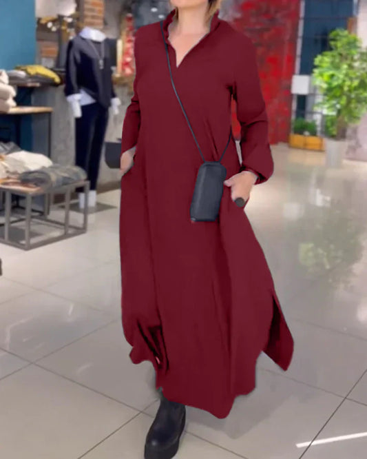 Einfache Eleganz: Maxi Shift-Kleid mit Seitenschlitz aus Baumwollmischung-Perfekt fur alle Jahreszeiten