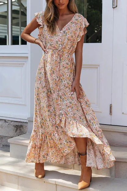 – Maxikleid mit Knopfrüschen und Blumen-Kordelzug