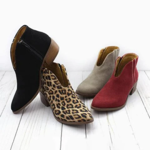 Damen V-Form Wildleder Ankle Boots, niedriger Absatz, Reißverschluss, lässiger Stil